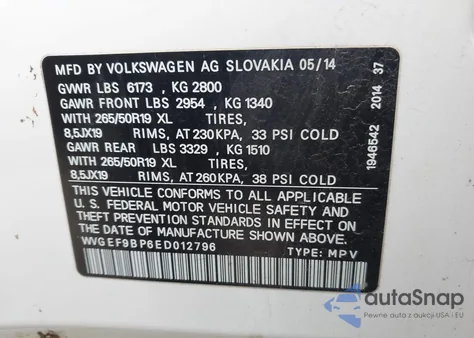 2014 Volkswagen Touareg 3.6L Lux from USA, damaged, VIN WVGEF9BP6ED012796